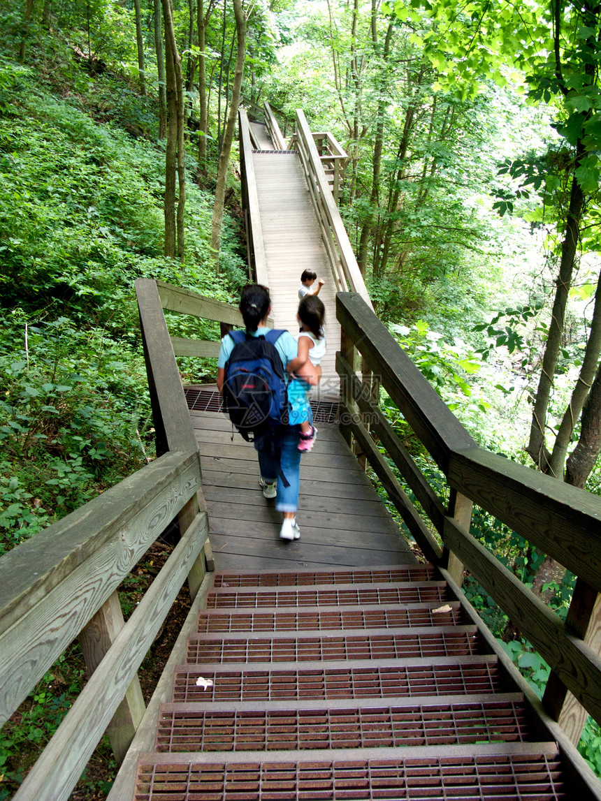 Amicaola瀑布山丘远足者岩石溪流游客水域公园照片旅游远足树木图片