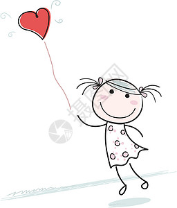 心形气球的小女孩插图乐趣孩子漫画女孩涂鸦女性情感草图微笑背景图片