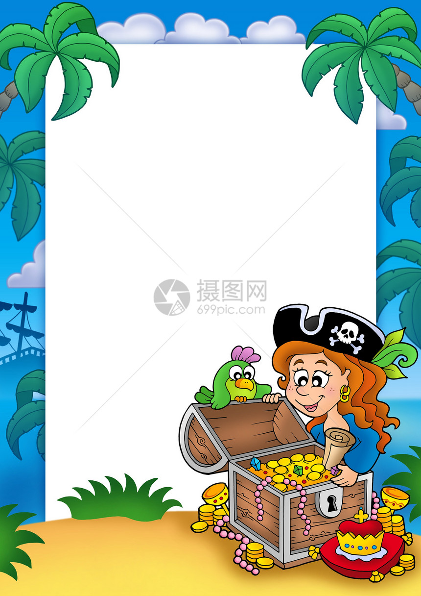 带有海盗女孩和宝藏的框架图片