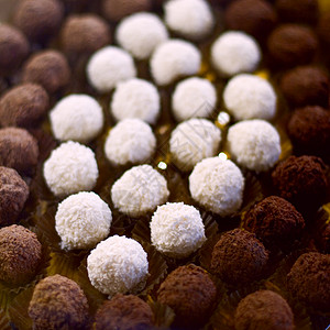 巧克力松露盘子制品糖果可可装饰陶瓷食谱面包屑白色甜点背景图片