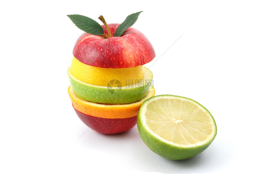 白色背景上的苹果果味饮食异国柠檬橙子黄色多样性概念热带香橼图片