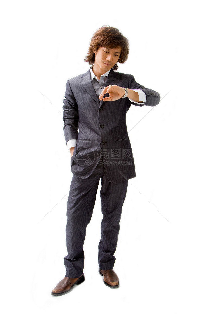 青年亚洲商务人士商业男人条纹时间成人手表男性口袋灰色小时图片