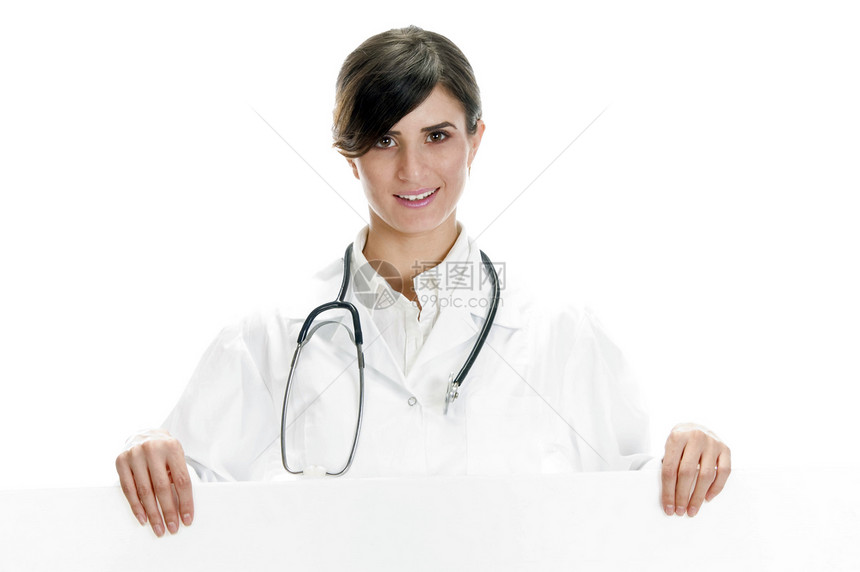 站在标牌上站立的女医生图片
