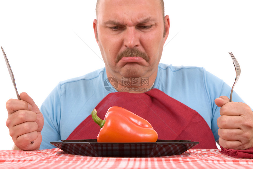 令人不快的饮食者男性秃头饮食白色腹部午餐红色男人盘子减肥图片