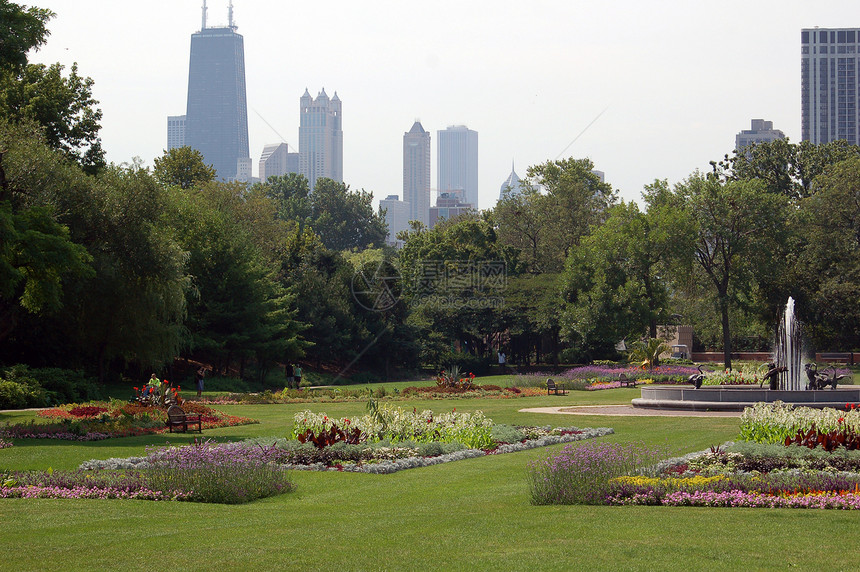 芝加哥摩天大楼城市市中心地方建筑学花园景观场景公园喷泉图片