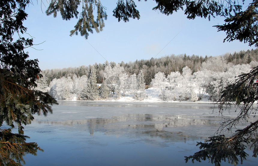 冬季奇幻乐园蓝色溪流冷冻树木冻结框架季节天空分支机构白色图片