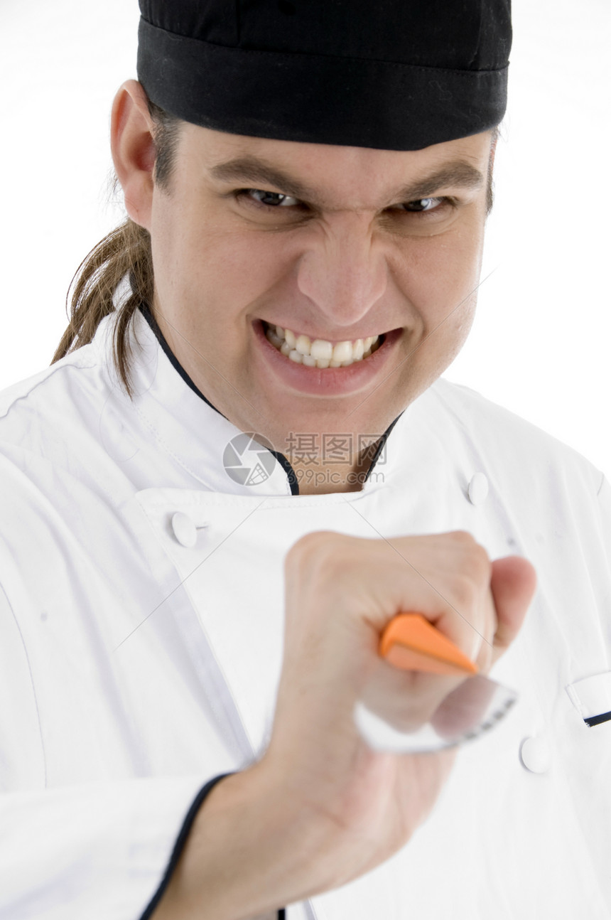 男厨师显示带有面部表情的厨房工具刀具职业男性白色姿势衣服冒充餐厅青年男人图片