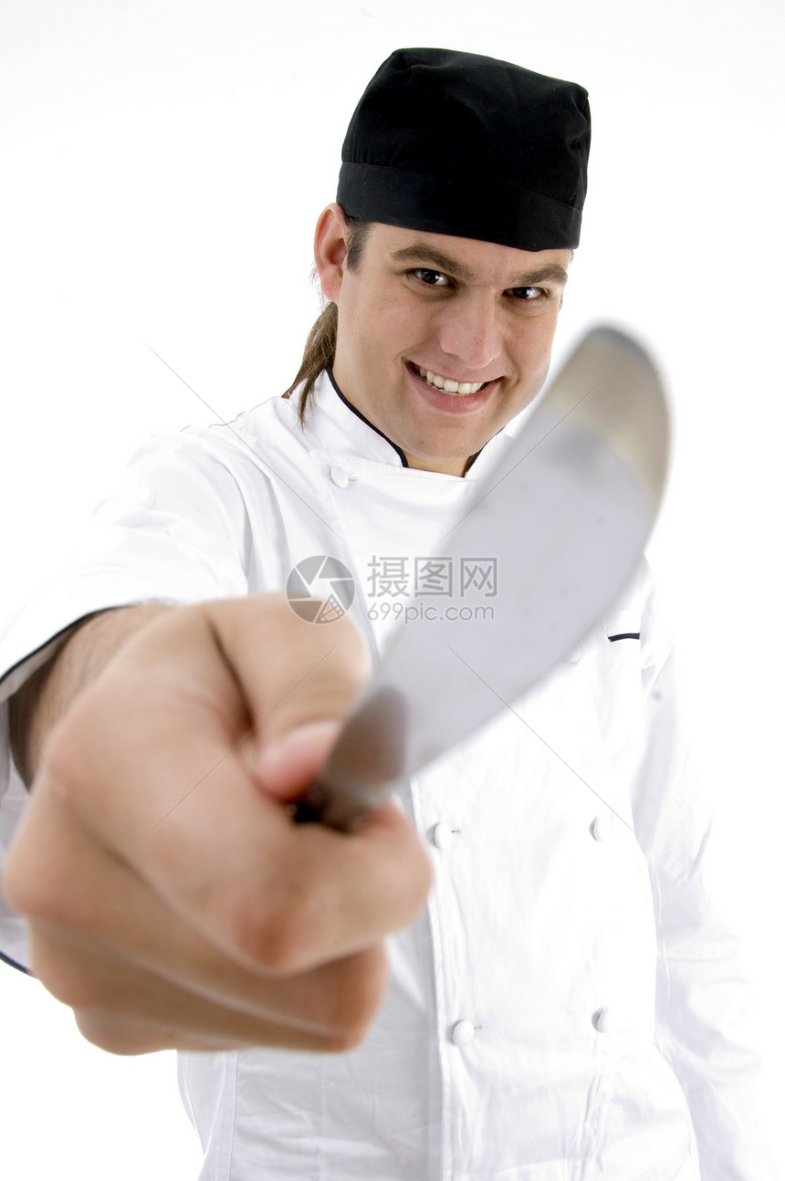 男厨师显示带有面部表情的厨房工具职业衣服餐厅成人青年男人女士工作室男性姿势图片