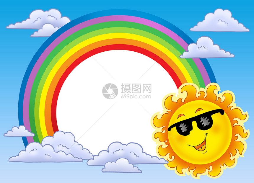 太阳墨镜中带太阳的彩虹框架图片