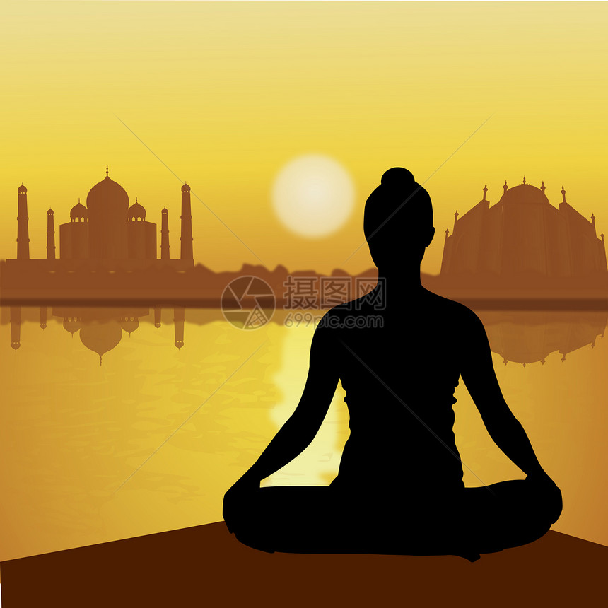湖边Taj Mahal背景的人类瑜伽图片
