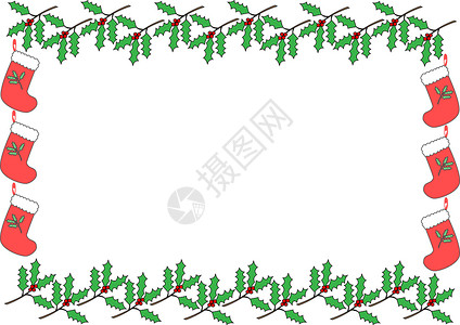 红色圣诞节边框圣诞节框架短袜叶子照片红色树叶插图绿色浆果白色插画