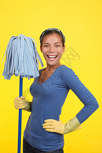 快乐的清洁女工主妇喜悦洗涤房子服务女佣手套女士家庭橡皮满意高清图片素材