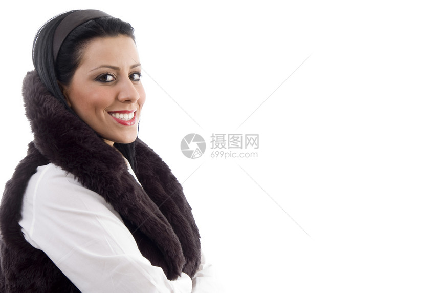 妇女微笑冒充水平裙子白色工作室夹克成人女性毛皮姿势图片