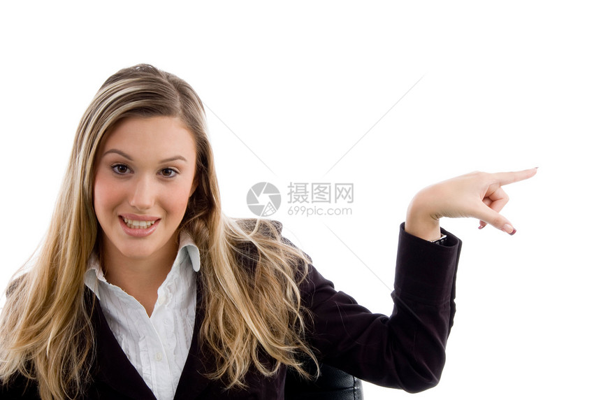 妇女指向侧面人士商务水平手势金发女郎手指衣服女性公司管理人员图片