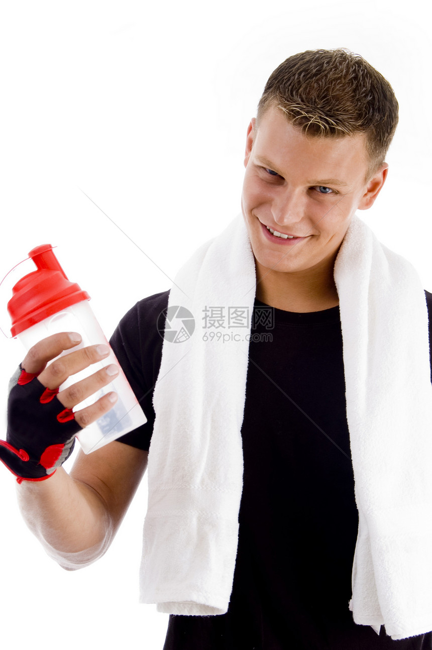 用水瓶装着微笑的肌肉人图片