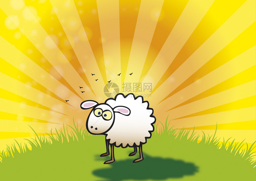 春羊羊毛牧场农业太阳手绘白色绿色绘画艺术乡村图片