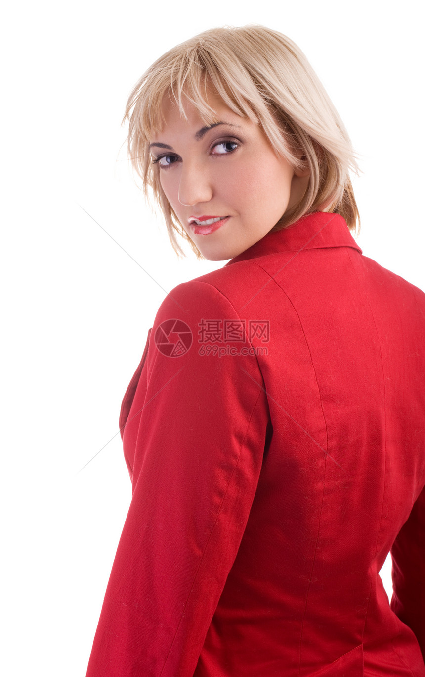 穿红色外套的妇女眼神头发女孩照片冒充白色金发女郎成人金发夹克图片