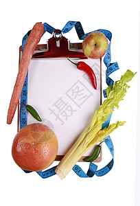 健康饮食概念补给品压板蔬菜柚子水果小吃卷尺食物胡椒夹钳背景图片