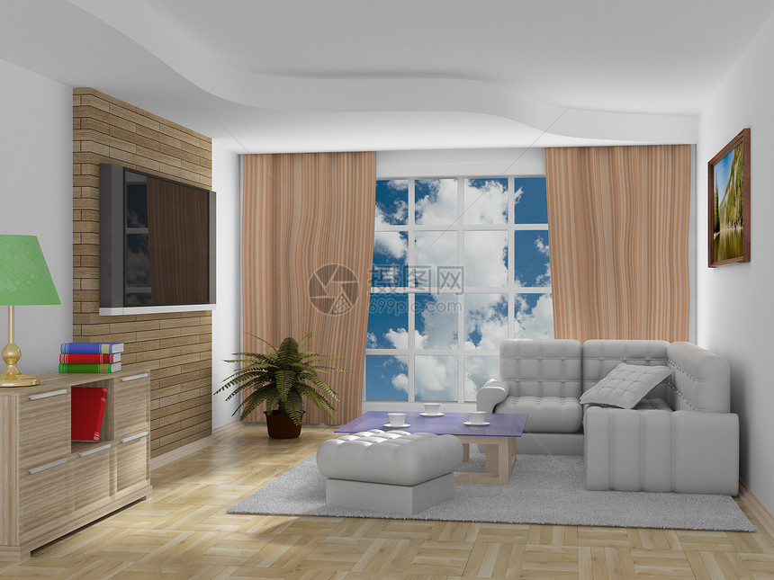 客厅内部的3D图像植物群家具木地板框架大厅储物柜天花板房间沙发门帘图片
