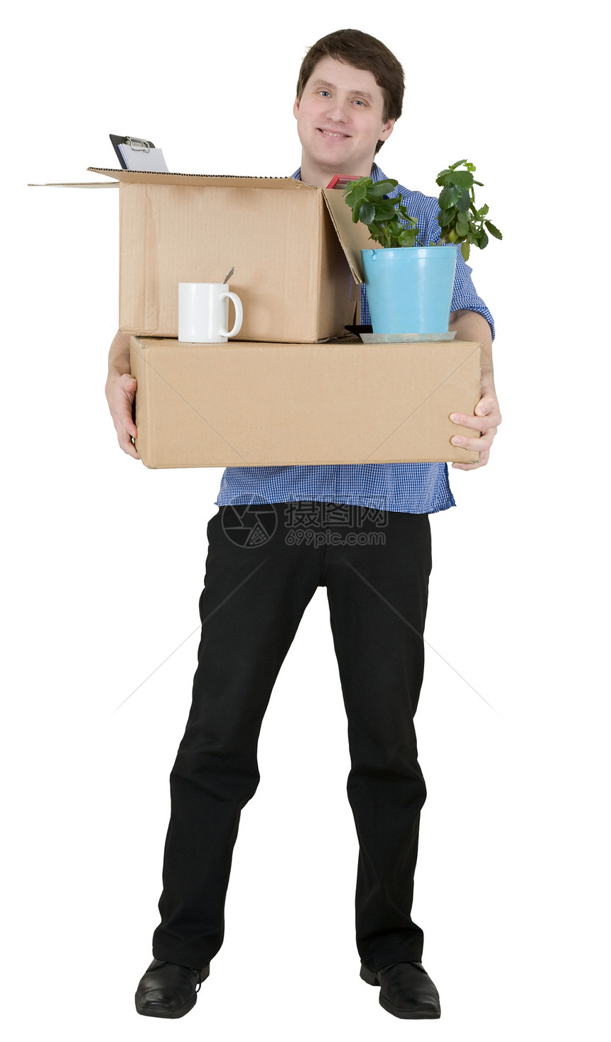 男子在其他办公室的调动人士白色成人纸板通道旅行杯子盒子男人棕色图片