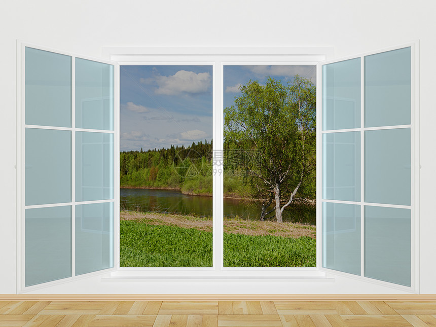 窗口后面的夏季风景 3D 图像房地产底座桦木环境住房木头住宅木地板森林压板图片