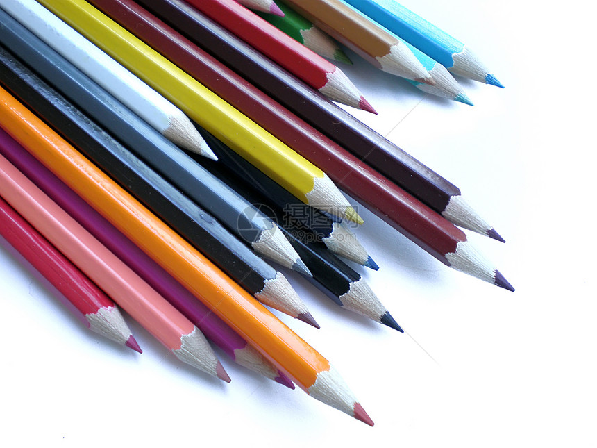 彩色铅笔学校配件蜡笔补给品爱好绘画艺术白色工具圆圈图片