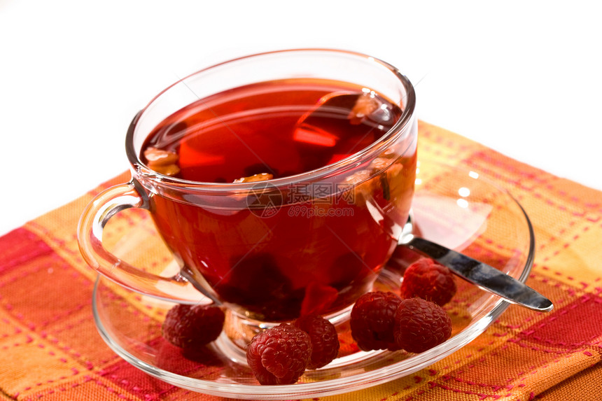 果茶鲁棒性红色杯子水果玻璃状食物柠檬盘子覆盆子飞碟图片