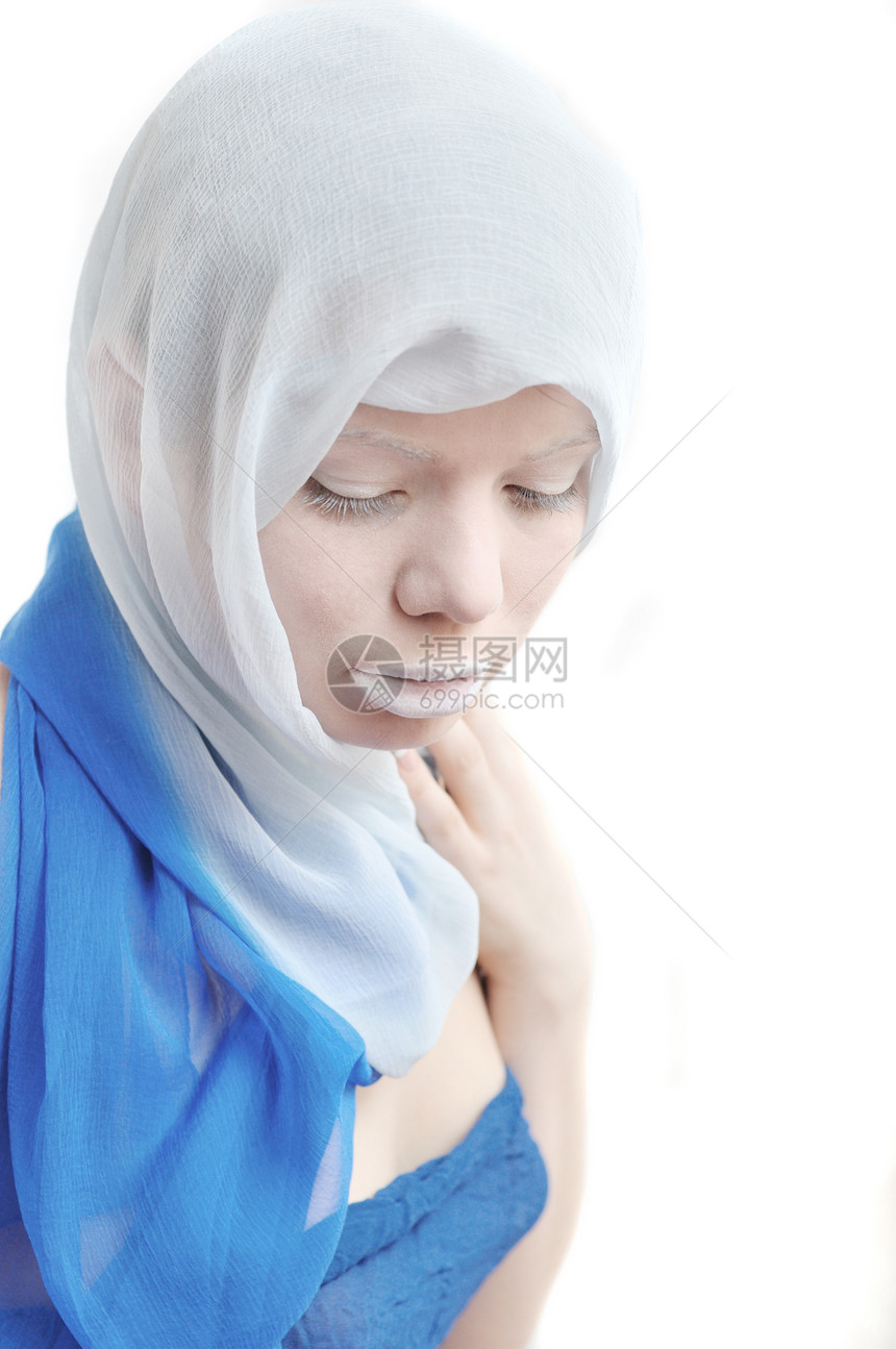 蓝色 白蓝思维女士女孩白色衣领化妆品沉思眼睛工作投标图片