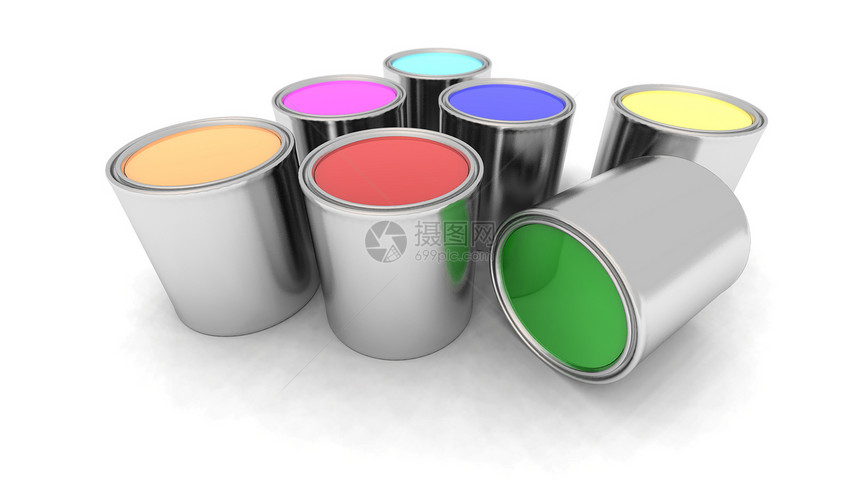 彩虹色油漆罐装潢银色产品作品绘画工具光泽工业工作建造图片