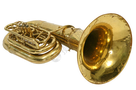 白色背景的风乐乐器喇叭男中音爵士乐喉舌音乐金属黄铜反射阀门背景图片