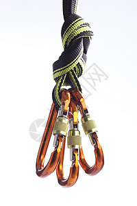 攀爬绳绳力量细绳环形剪辑安全金属绳索齿轮领带橙子背景图片