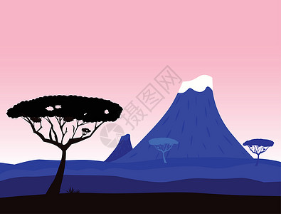 冰岛火山非洲外来背景 有火山坑和acacia树木环形插画