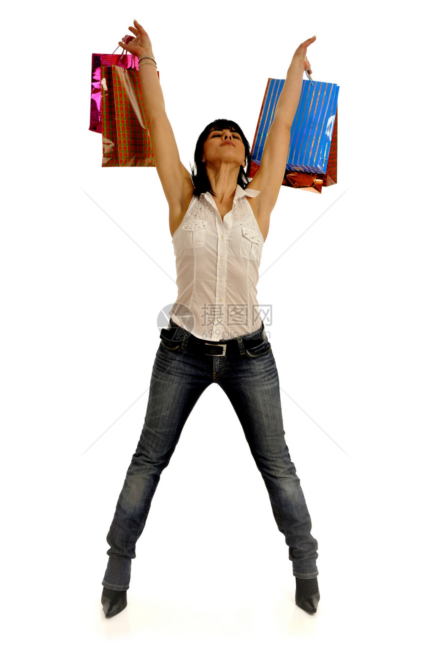 快乐的购物妇女购物者配件顾客商业女孩脚跟女性店铺销售量白色图片