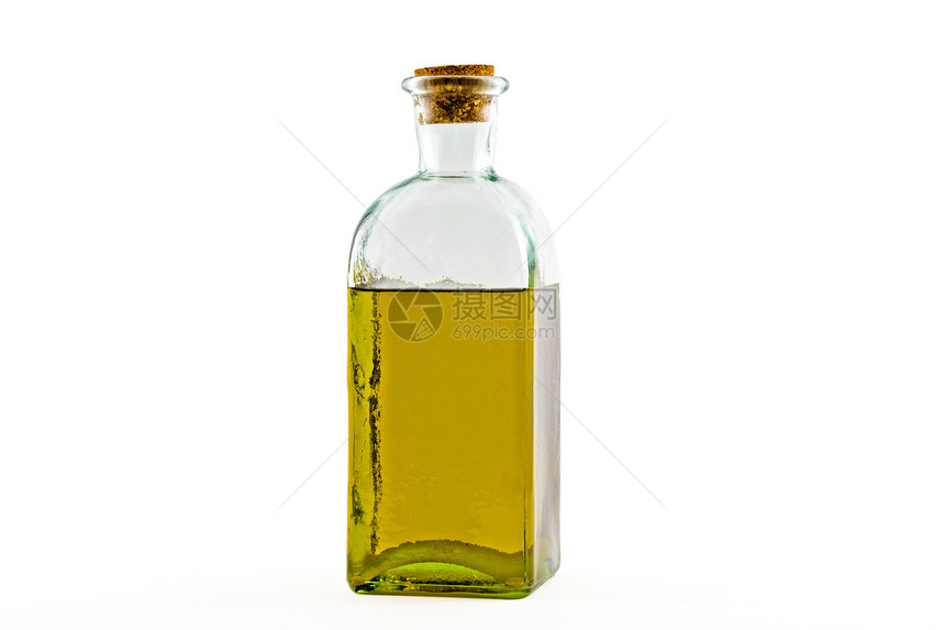 瓶橄榄油处女烹饪饮食白色液体玻璃软木黄色厨房食谱图片