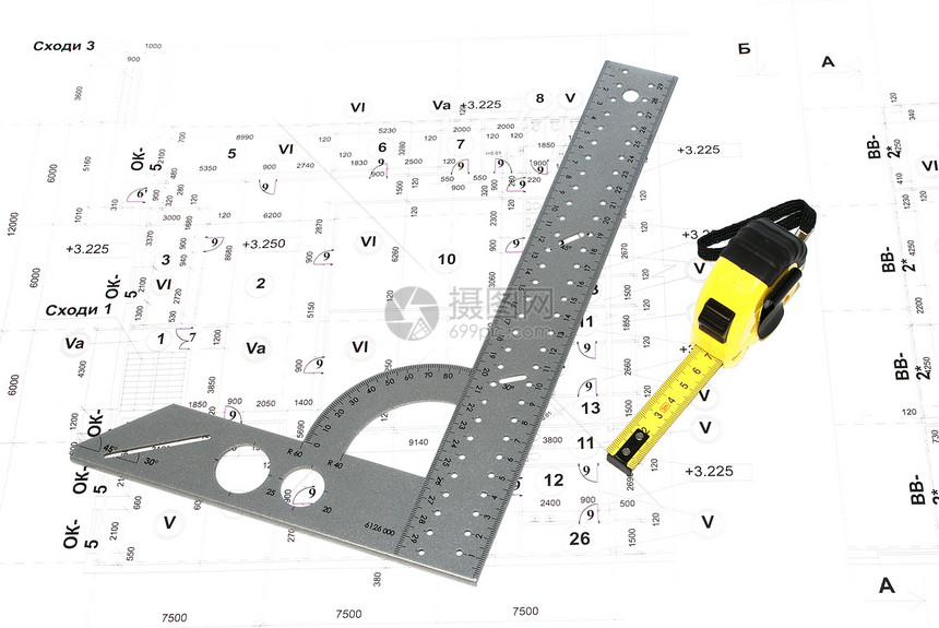 金属尺子和接线图承包商蓝图建筑统治者图纸草图打印工程师设计师建筑学图片