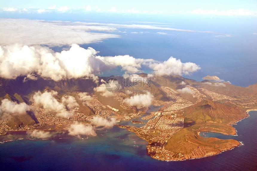 Oahu火奴鲁鲁夏威夷空中观密集地天空直升机海洋飞机钻石头钻石旅行地标图片