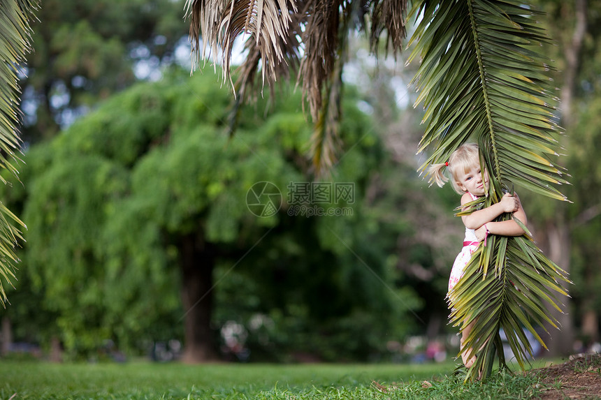 以椰枣叶为女孩植物生长乐趣旅行晴天绿色异国棕榈阳光孩子图片