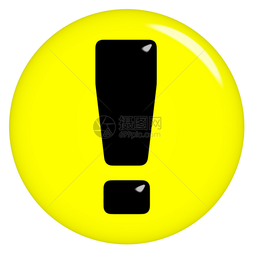 3D 警告信号圆形冒险徽章注意力叫喊危险插图反射黄色按钮图片