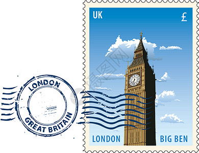 伦敦大本钟塔来自伦敦的邮戳邮政纪念碑插图邮资日落集邮邮票划痕天空标签插画