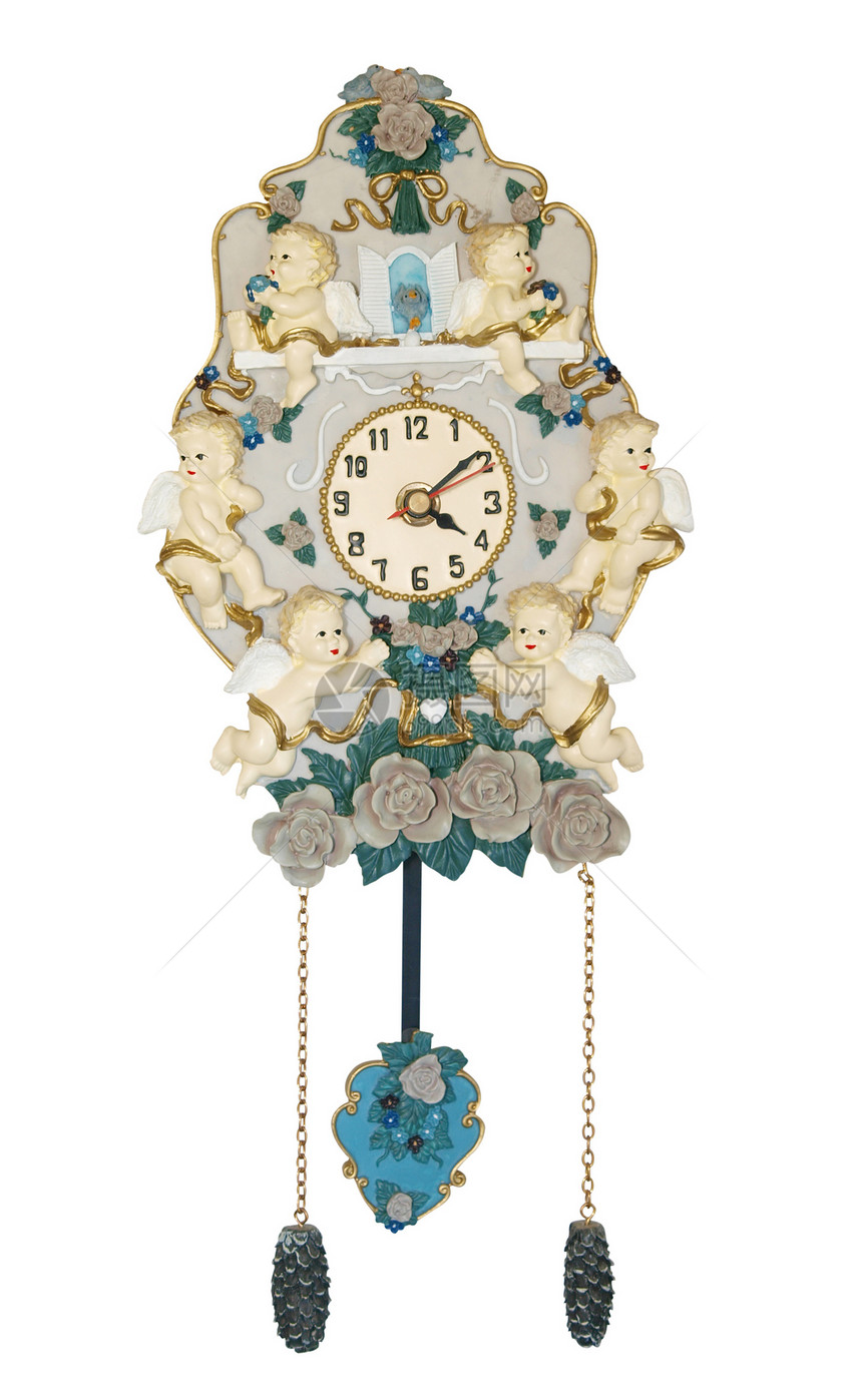 与切鲁布斯的古老时钟古董剪裁树叶丝带玫瑰小路抽动时间空白奢华图片