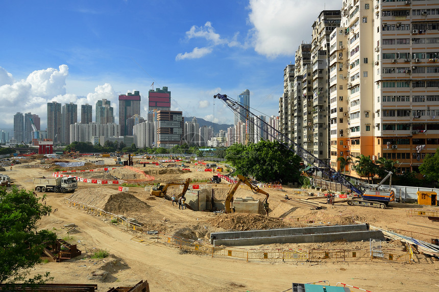 城市建筑工地机器脚手架起重机机械蓝色房子砖块合作建筑学工作图片