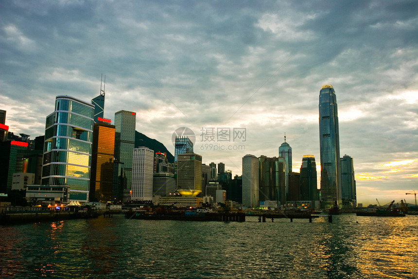香港日落建造建筑物蓝色旅游港口建筑晴天公司爬坡旅行图片