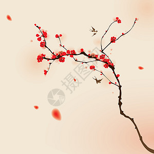 东方风格的绘画 春花花花卉梅花幸福繁体叶子樱花图案书法毛笔插图背景图片