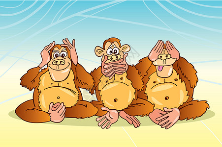 三只猴子卡通片漫画说话绘画插图团体背景图片