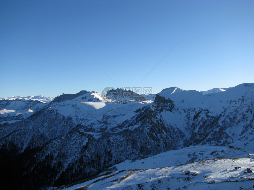 主要高加索山脊全景冰川植被距离木头旅行解脱风景蓝色雪峰图片