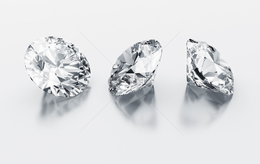 三个钻石渲染圆形反射珠宝宏观水晶折射奢华宝石计算机图片