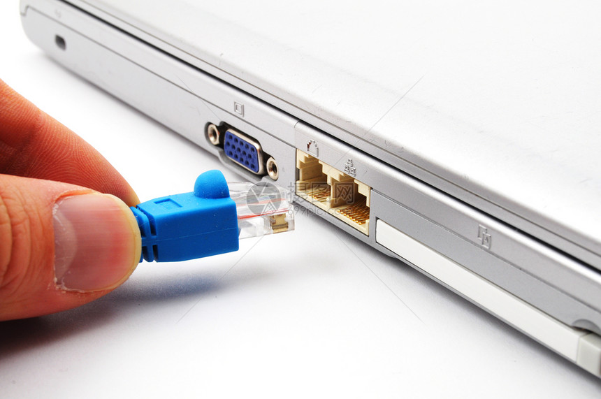 网络连接器电脑笔记本插座手指电缆数据金属电讯蓝色白色图片