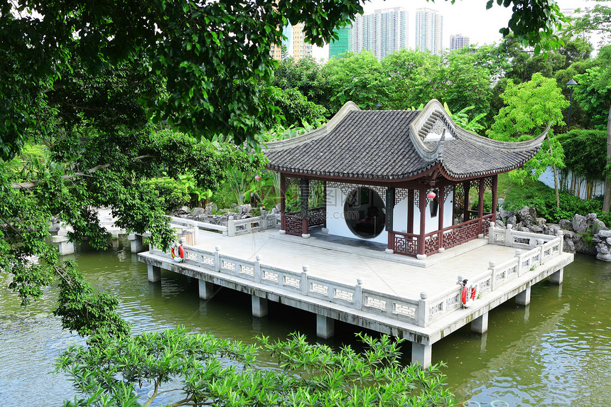 中国花园池塘房子环境建筑艺术植物分支机构松树园艺文化图片