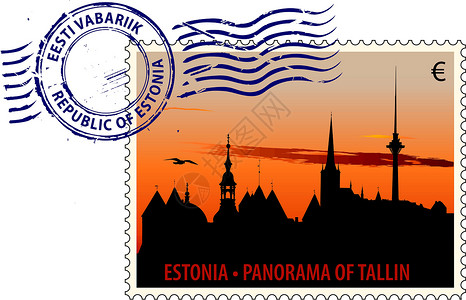 欧洲城市全景爱沙尼亚的邮政标记插画