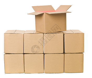 纸箱堆叠红灯纸盒八关白色棕色命令纸板标志船运盒子背景图片
